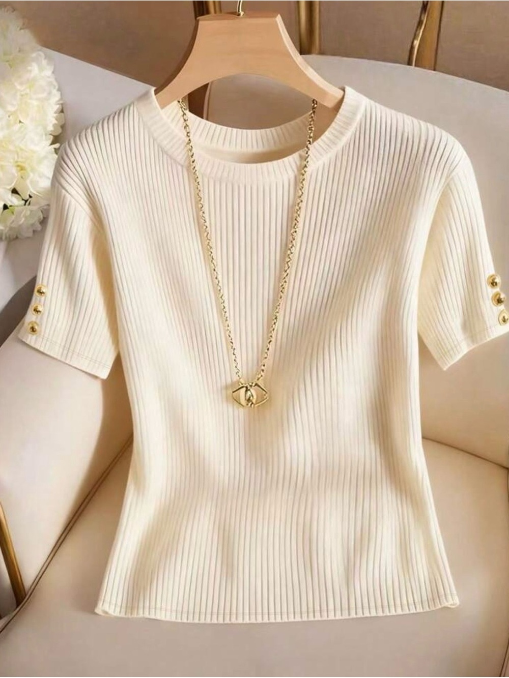 NEW! Cream Ribbed Short Sleeve Sweater Top with Button Detail